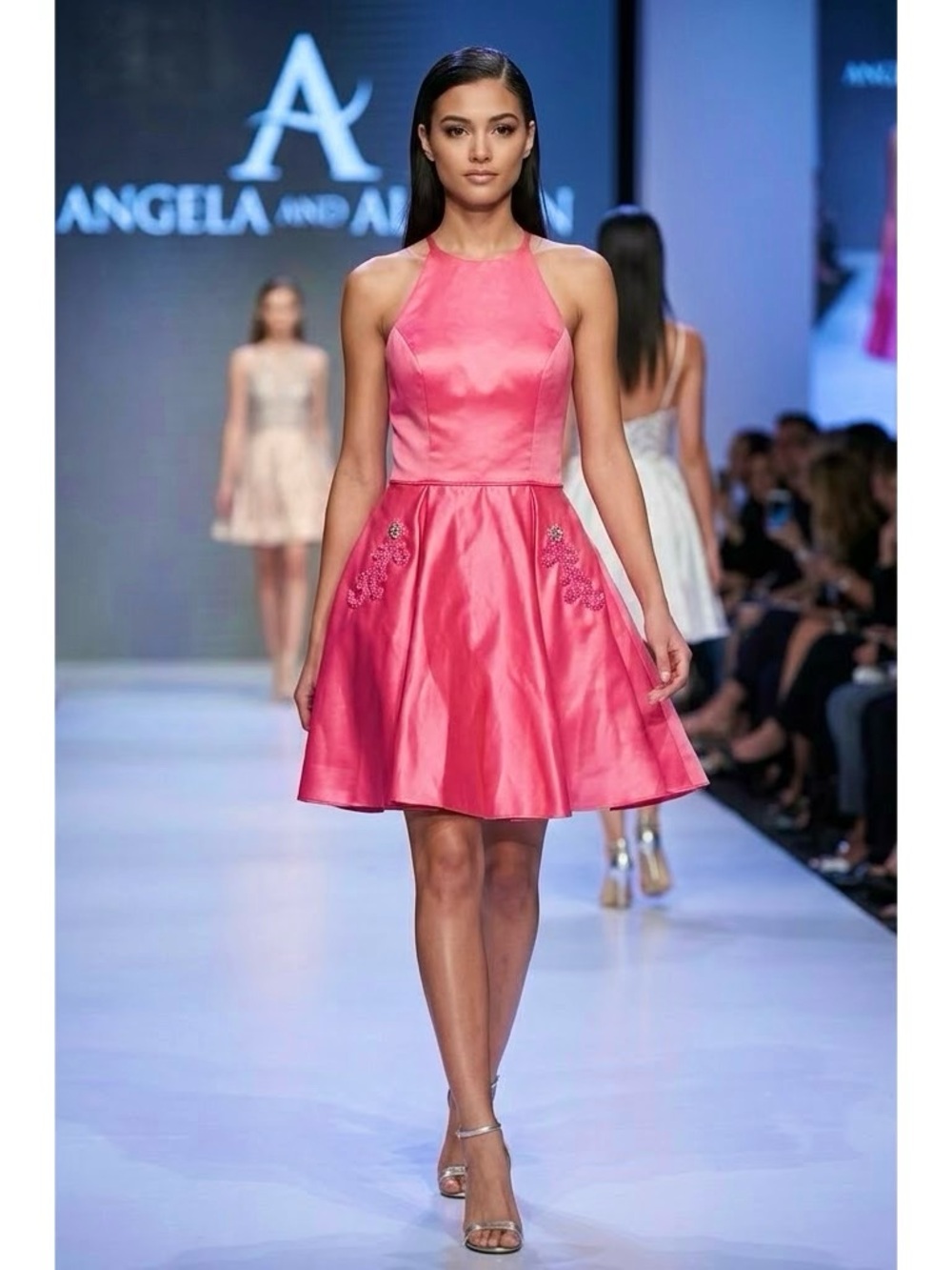 Size 12 Angela and Alison Pink Jeweled Applique Fit and Flare Halter Mini Dress